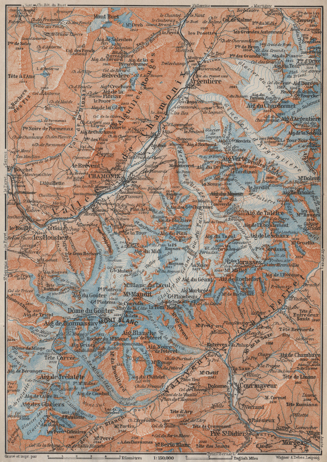 CHAMONIX & MONT BLANC MASSIF. Argentière Les Houches Courmayeur carte 1913 map